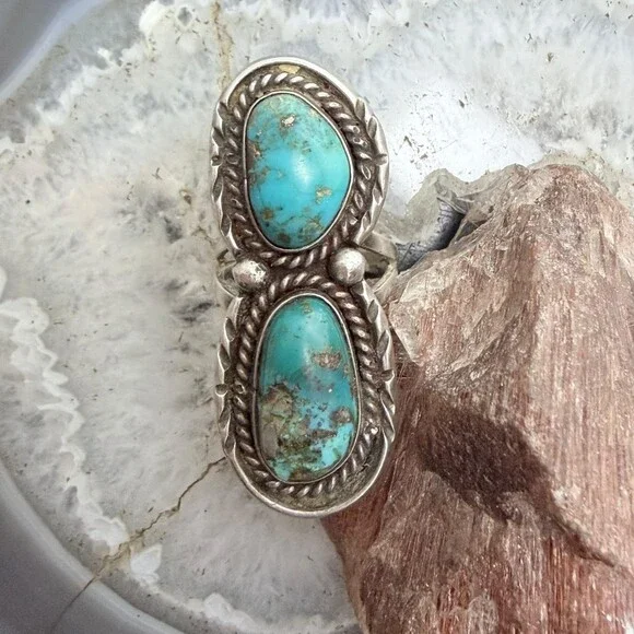 Vintage Silver Native American 2 Turquoise Split Shank Ring Size 7 For Women - Picture 5 of 10